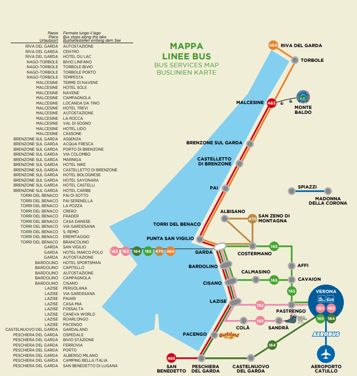 Karte aller Busverbindungen rund um den Gardasee