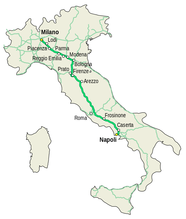 Karte der Autobahn A 1 von Norden nach Süden Italiens