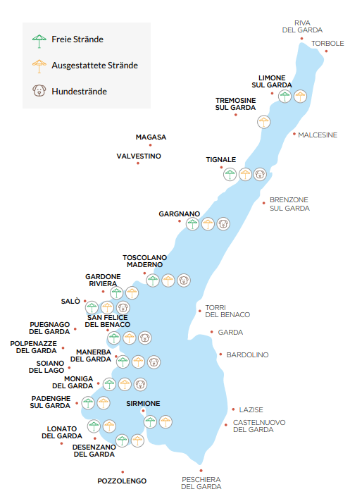 Karte mit allen Stränden am Gardasee