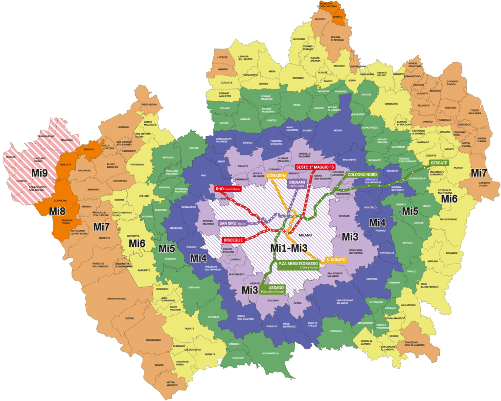 Tarifzonenkarte der öffentlichen Verkehrsmittel Mailands