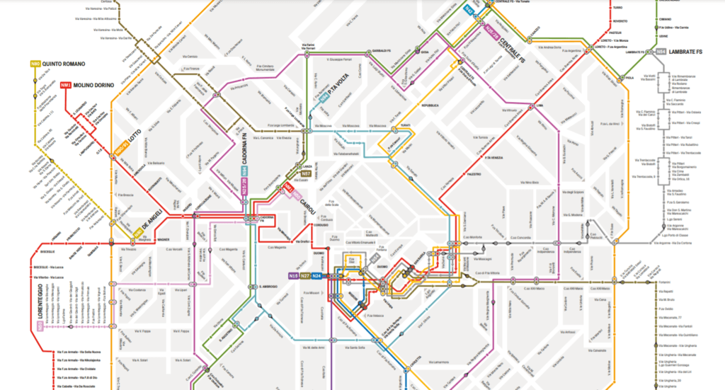 Stadtkarte Mailand mit allen Nachtverbindungen der Metro