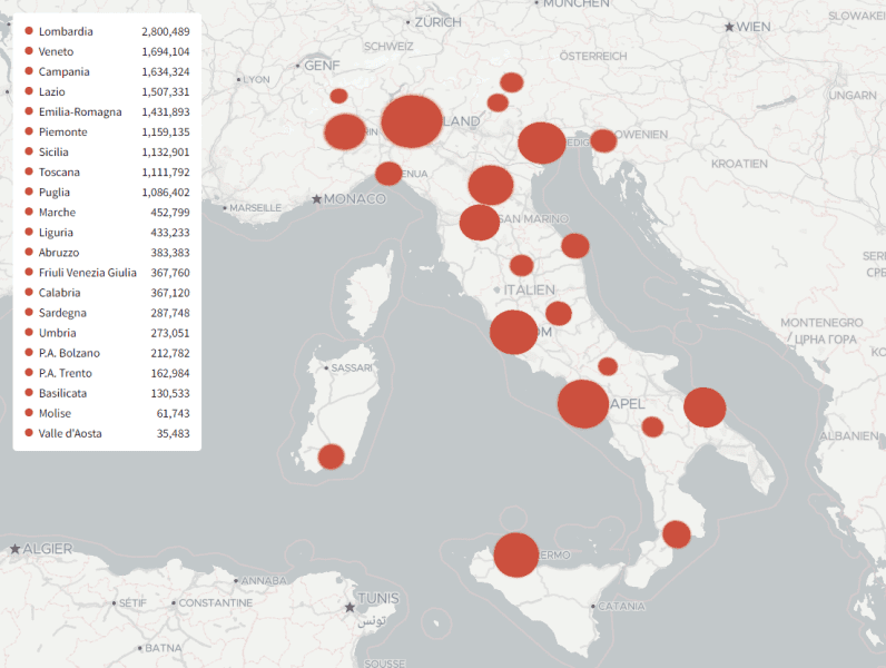 Corona-Karte von Italien mit Angabe der Fallzahlen nach Regionen geordnet.