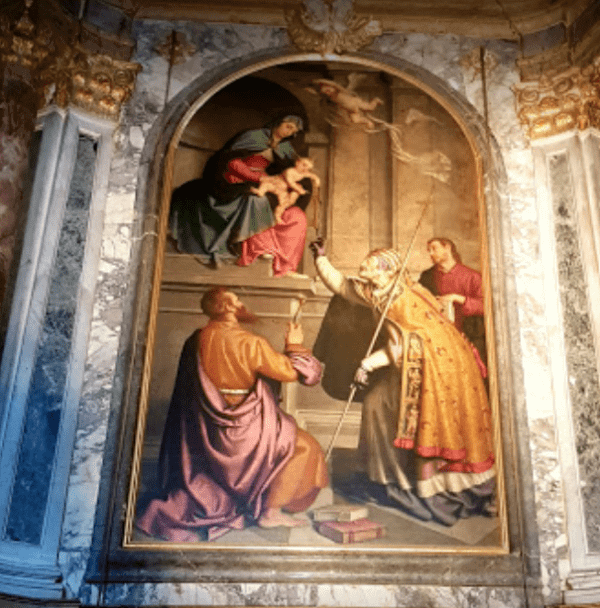 Gemälde Madonna mit dem Kind und den Heiligen Petrus, Paulus und Johannes dem Evangelisten von Giovan Battista Moroni, 1565