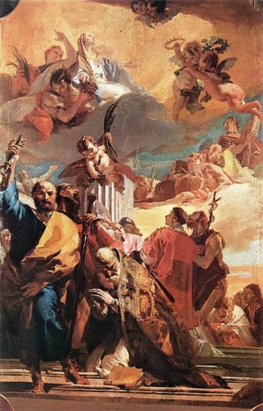 Gemälde von Giambattista Tiepolo: Die Herrlichkeit der Heiligen, Paradiesbild mit der heiligen Madonna auf der Wolke