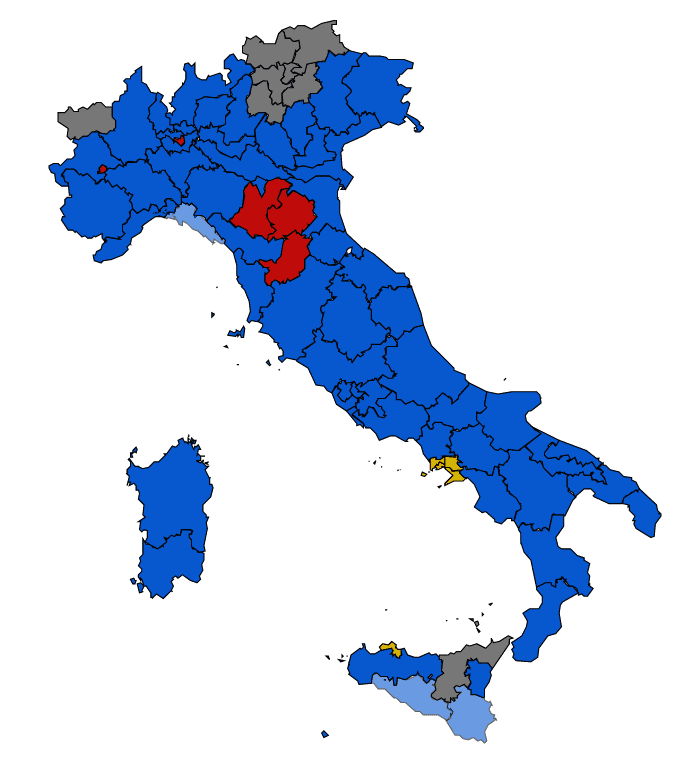 politische Karte Italiens über die Stimmverteilung der Parteien für den Senat