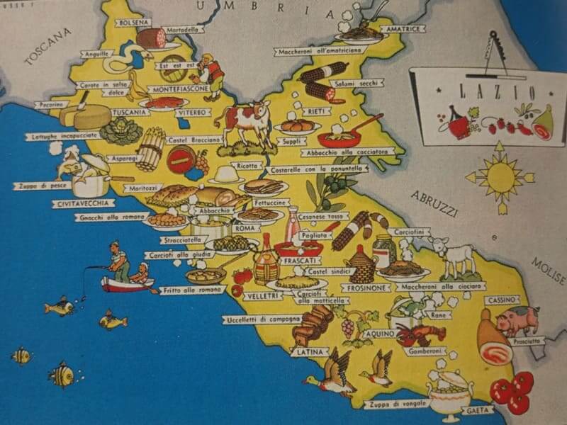 Thematische Karte des Latium mit Angabe der Spezialitäten und Orte, die im Latium gegessen werden.
