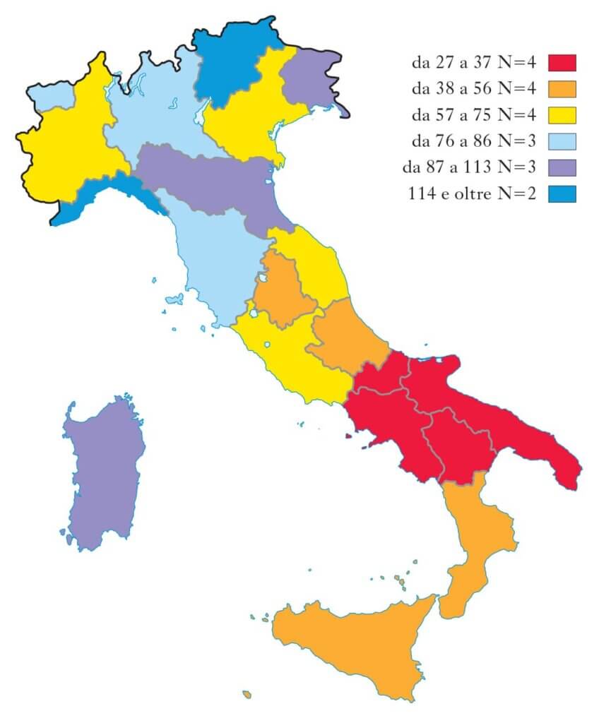 Die Karte zeigt die Anzahl der Auflagen und die Verteilung der Zeitungen in Italien.