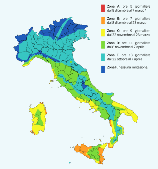 Karte der Heizdauer in Italien, um Heizkosten und Gas zu sparen