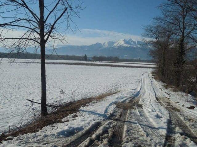 ein verschneiter Feldweg in Italien im Winter