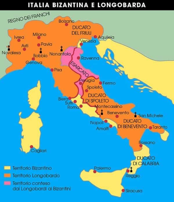 Karte über die Aufteilung Italiens in byzantinischer und longobardischer Zeit