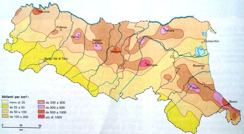 Spezialkarte mit Bevölkerungsdichte von Bologna und der Emilia-Romagna