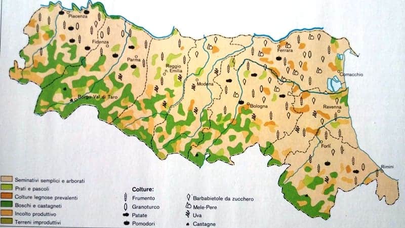 Landkarte von Bologna und der Emilia-Romagna mit Angabe von Landwirtschaftsprodukten