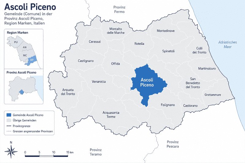 Karte der Gemeinde Ascoli Piceno in der Provinz Ascoli Piceno, Marken