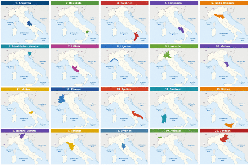 20 Regionen Italiens mit angrenzenden Meeren