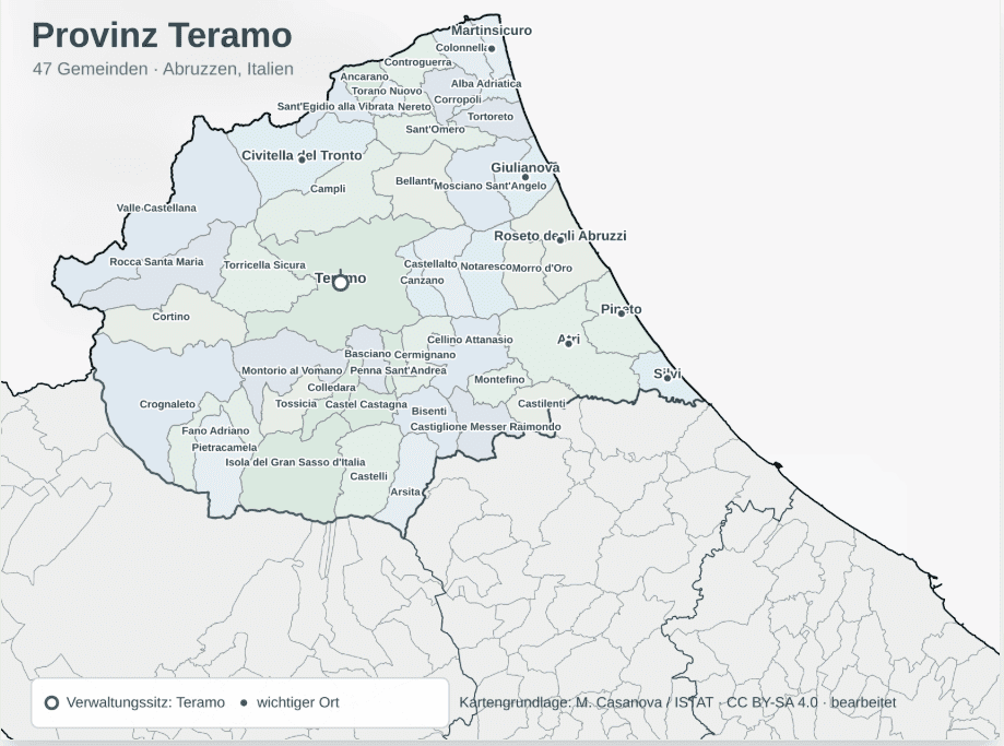Karte der Provinz Teramo mit Orten und Grenzen