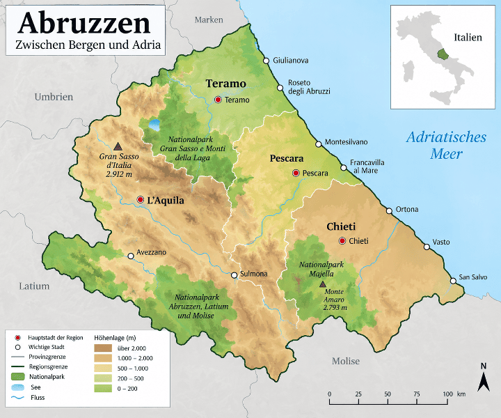 Übersichtskarte der Abruzzen mit Provinzen, angrenzenden Regionen und Orten