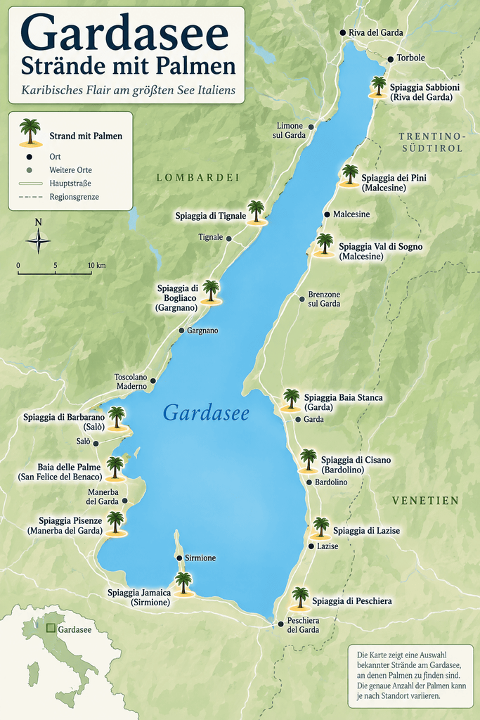 Gardasee Karte mit Stränden, an denen Palmen wachsen
