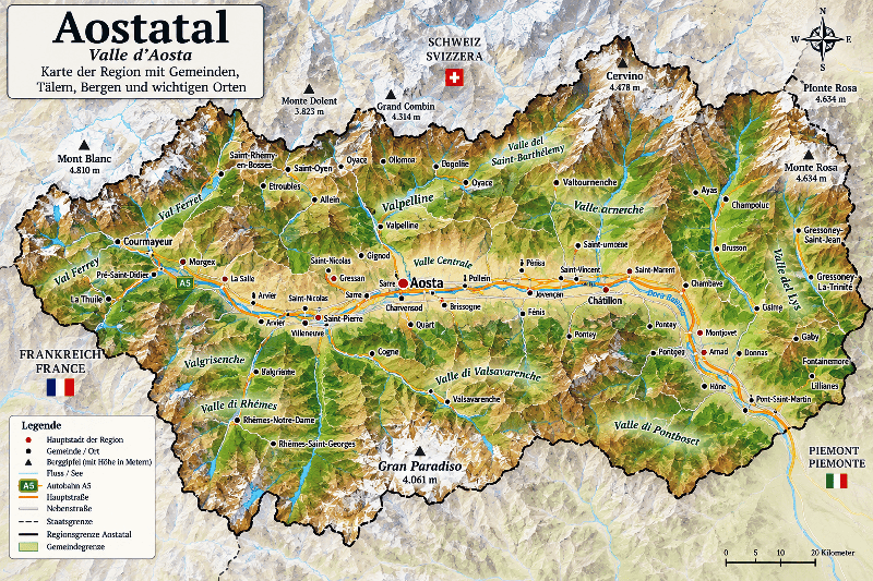 Karte des Aostatals mit Städten, Bergen und Flüssen