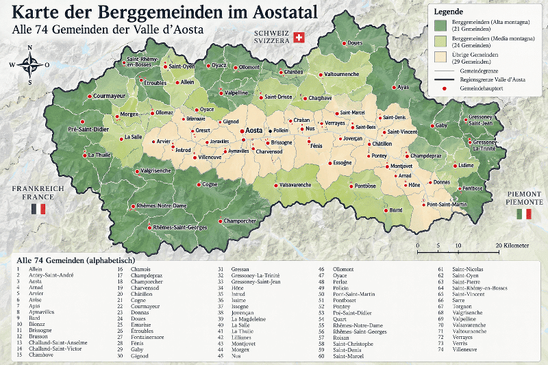 Übersichtskarte der Berggemeinden, Täler und Orte der Valle d'Aosta