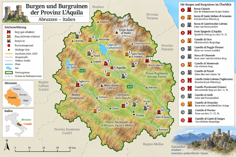 Übersichtskarte der Burgen und Burgruinen der Provinz L'Aquila