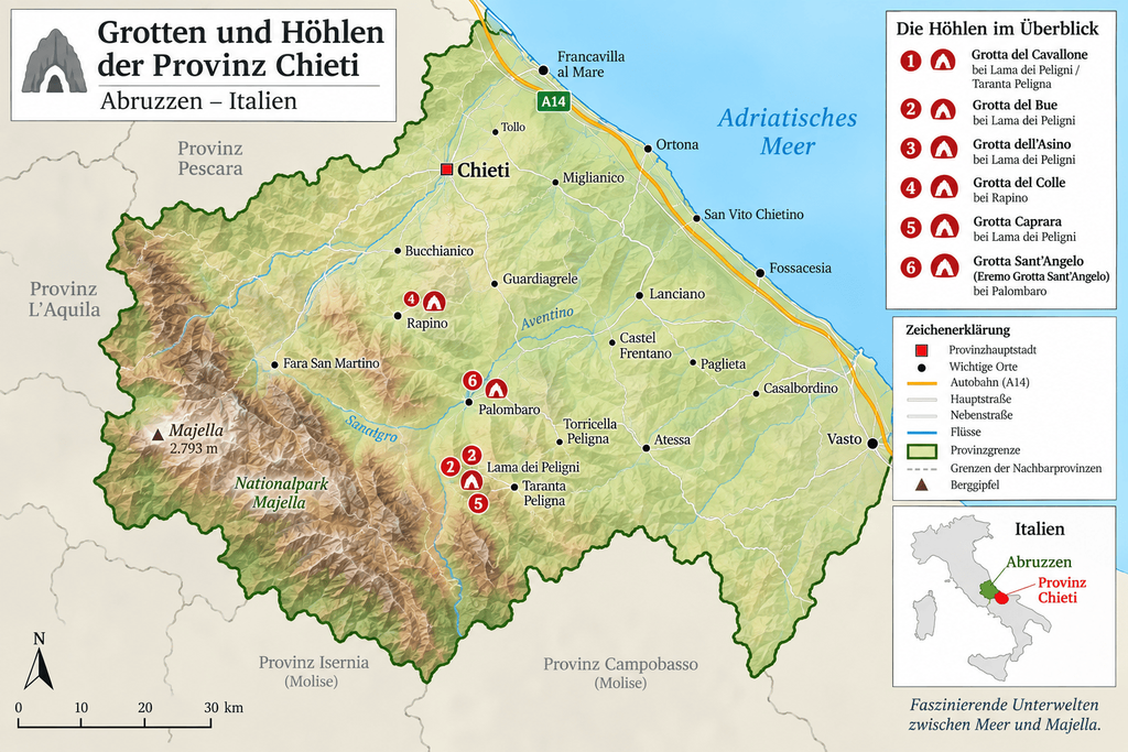 Karte wichtiger Grotten und Höhen in der Provinz Chieti