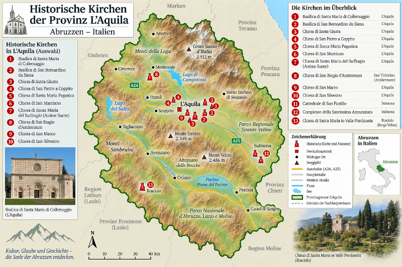 Karte der historisch bedeutsamen Kirchen der Provinz L'Aquila