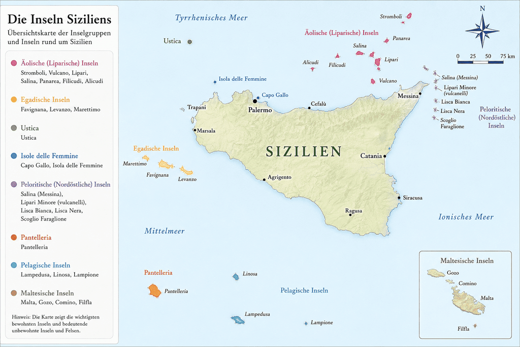 Übersichtskarte aller Inseln rund um Sizilien