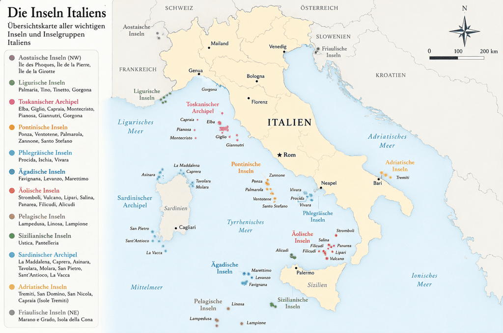 Große Übersichtskarte mit der Lage aller italienischen Inseln