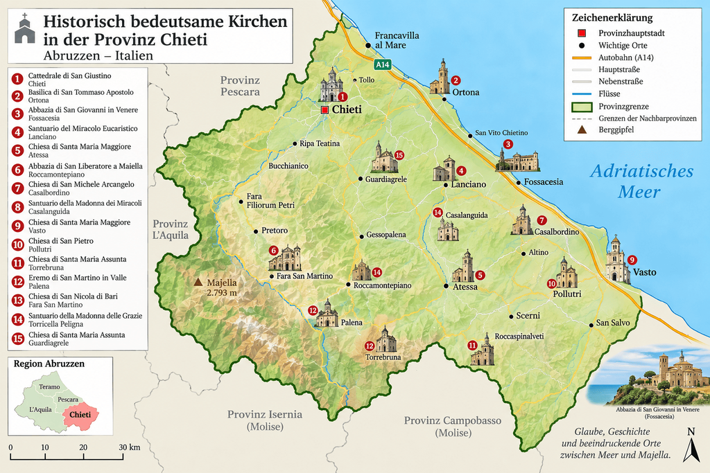 Karte historisch bedeutsamer Kirchen in der Provinz Chieti