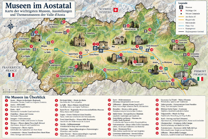 Karte der wichtigsten Museen im Aostatal