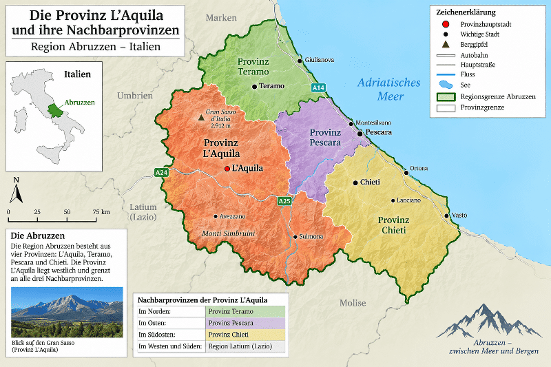 Die Provinz L'Aquila innerhalb der Abruzzen mit Nachbarregionen und Provinzen
