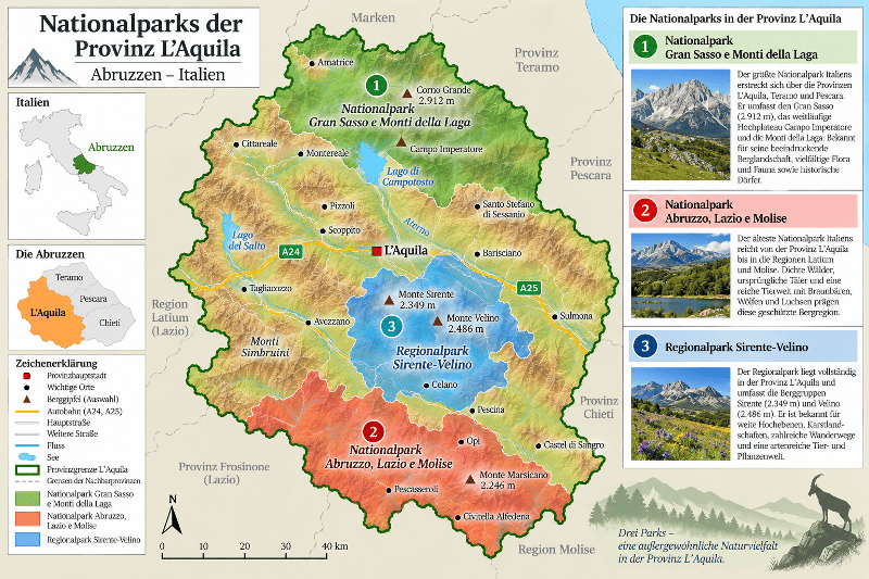 Lagekarte der Nationalparks der Provinz L'Aquila