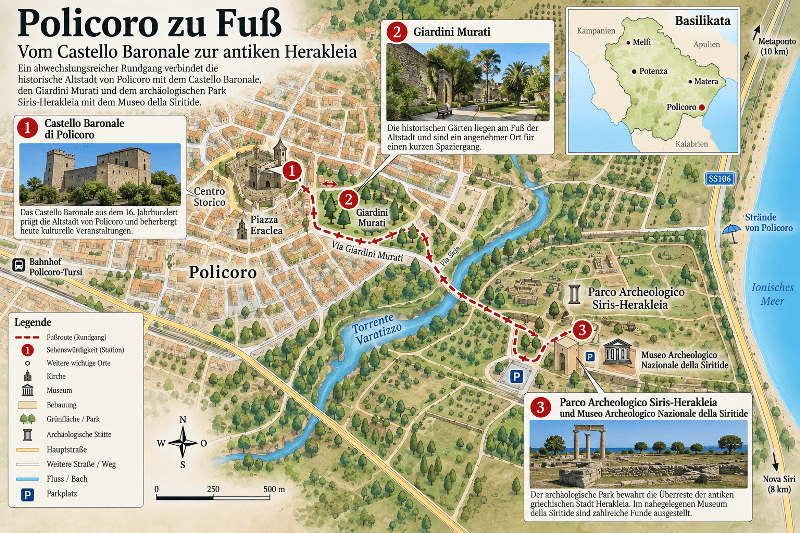 Wanderkarte eines 3 bis 4 km langen Spaziergangs von Policoro zur antiken Herakleia