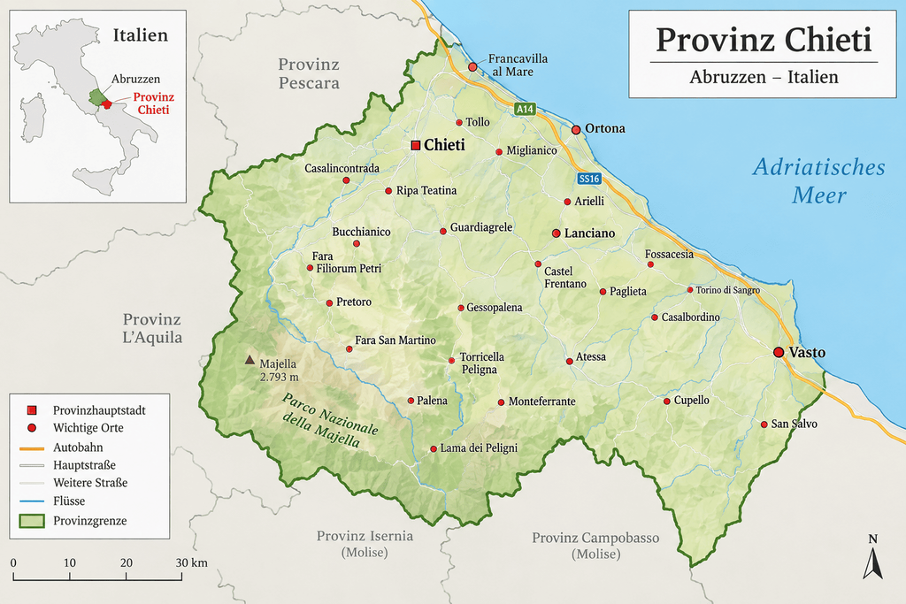 Übersichtskarte der Provinz Chieti mit wichtigen Städten