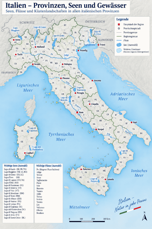 Lagekarte der Seen und Flüsse in den italienischen Provinzen