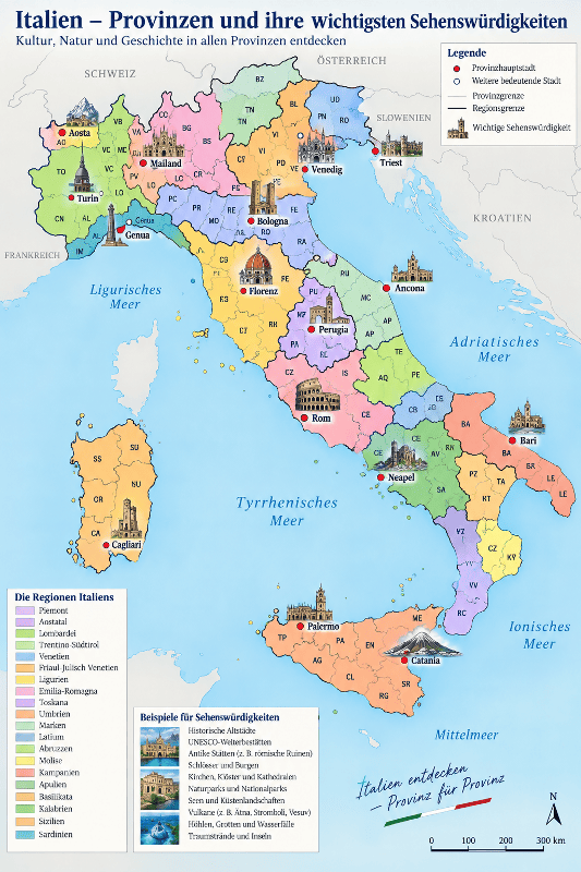Übersichtskarte der italienischen Provinzen mit wichtigen Sehenswürdigkeiten