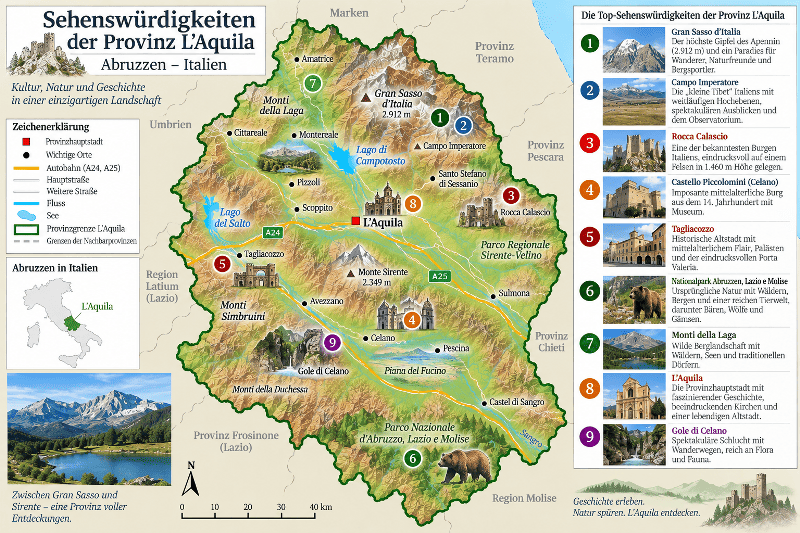 Übersichtskarte der Sehenswürdigkeiten der Provinz L'Aquila