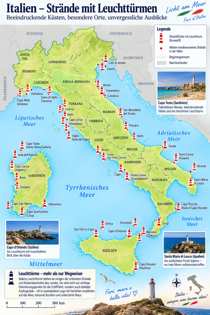 Karte der Strände mit Leuchttürmen in Italien