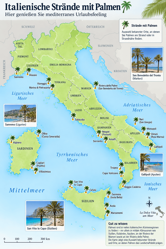 Karte der palmenumsäumten Strände Italiens