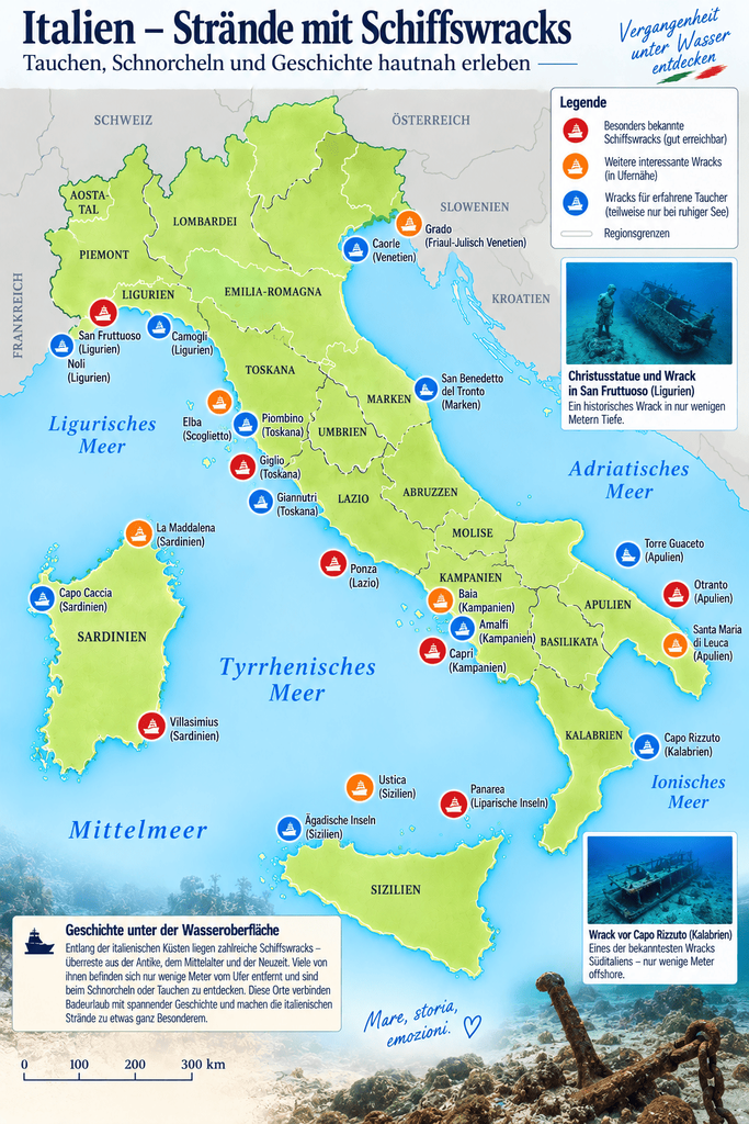Karte der Strände mit Schiffswracks in Italien