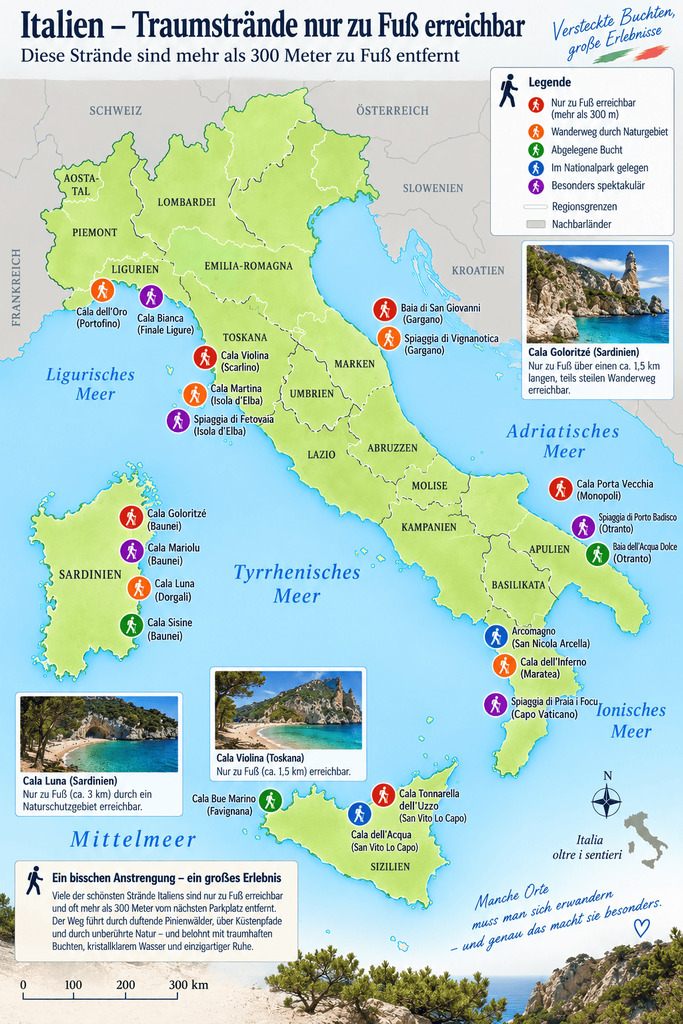 Karte von Stränden in Italien, die nur zu Fuß erreichbar sind