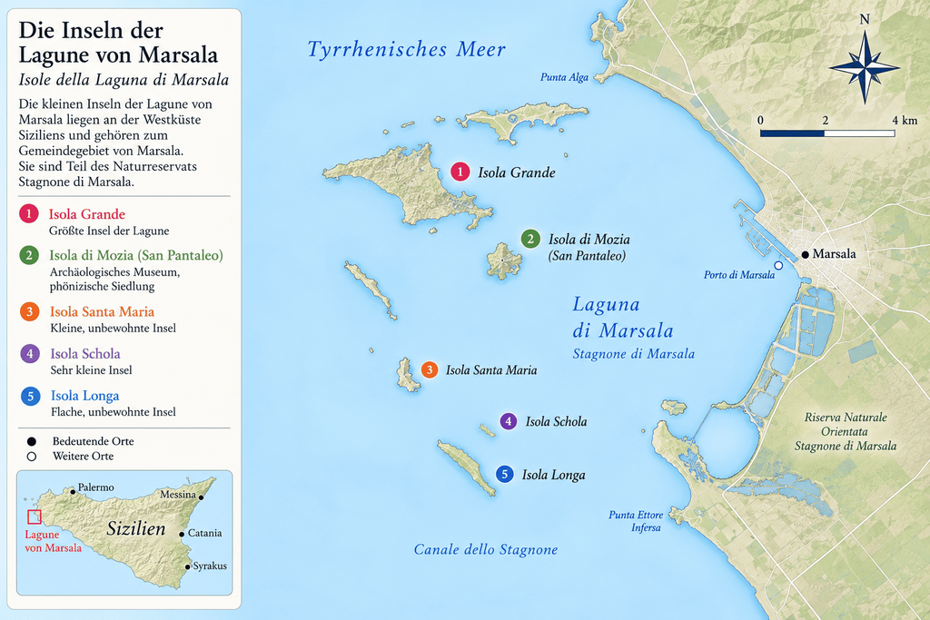 Kartenübersicht der Inseln der Lagune von Marsala