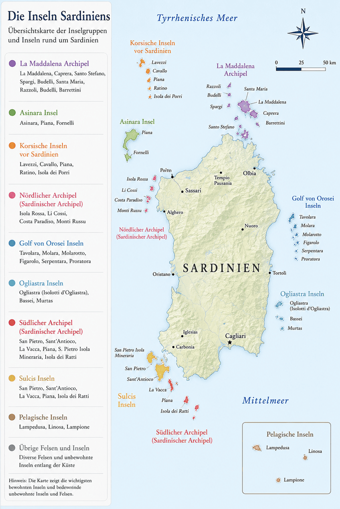 Übersichtskarte der Inselgruppen und Inseln rund um Sardinien