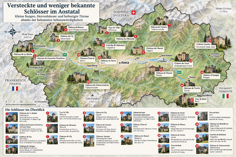 Lagekarte versteckter und außergewöhnlicher Schlösser und Burgen im Aostatal