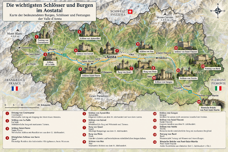 Lagekarte der wichtigsten Schlösser und Burgen im Aostatal