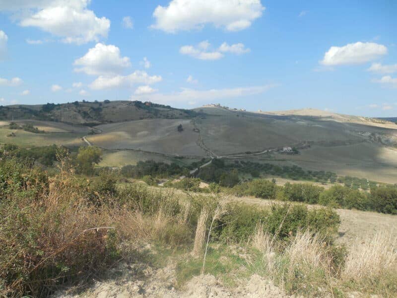 Eine typische leicht hügelige, karge Landschaft der Basilikata