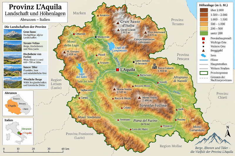 Morphologische Karte der Provinz L'Aquila mit Gebirgen und Flachland
