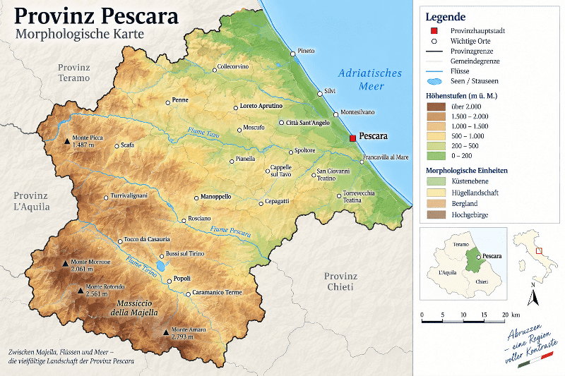 Karte der Landschaft und Höhenlagen der Provinz Pescara