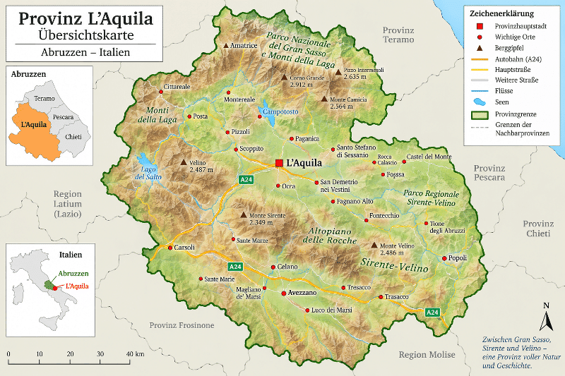 Übersichtskarte der Provinz L'Aquila mit wichtigen Städten