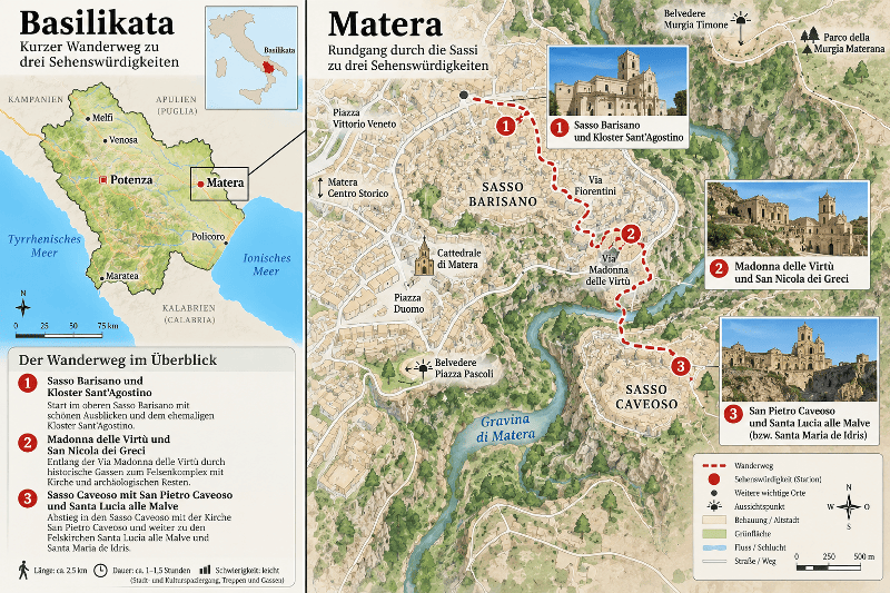 Karte eines 2,5 km langen Rundganges durch Matera für den Urlaub